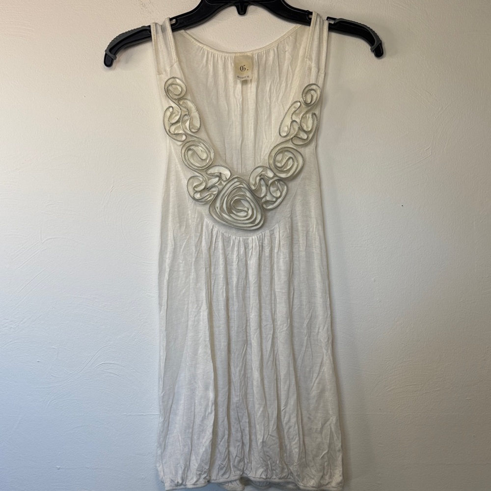 Ginger G White Top with Embellished Neckline Size M Y2K 90s Bubble Bottom Bow